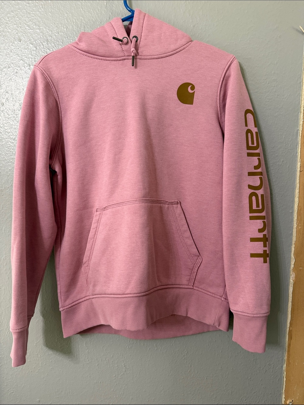 Carhartt Pink Hoodie with Brown Logo Sleeve Text